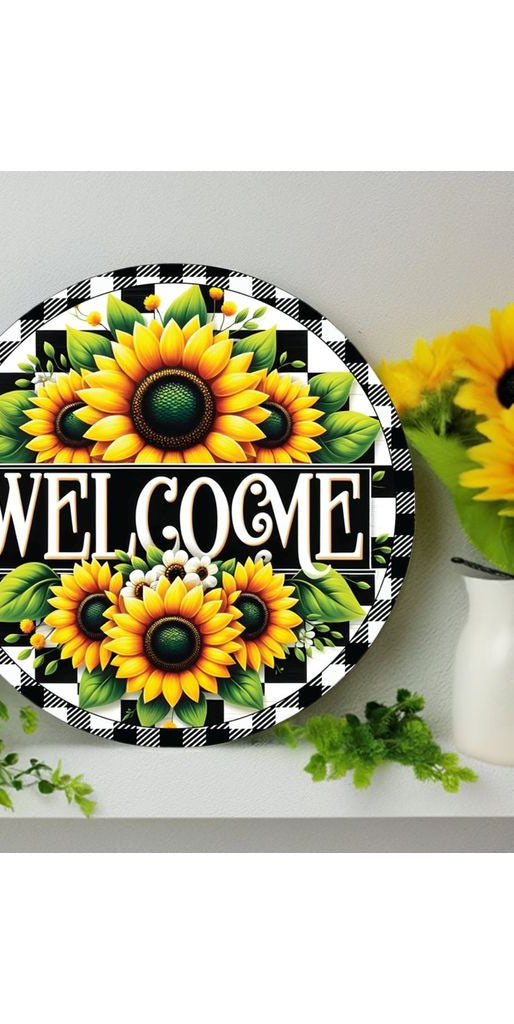 Welcome Black Check Sunflower Round Sign - Michelle's aDOORable Creations - Signature Signs