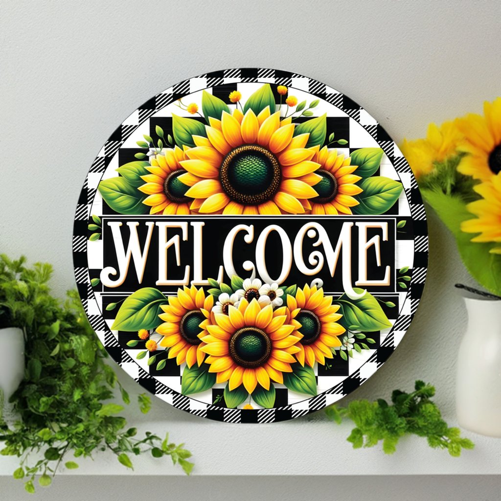 Shop For Welcome Black Check Sunflower Round Sign at Michelle's aDOORable Creations