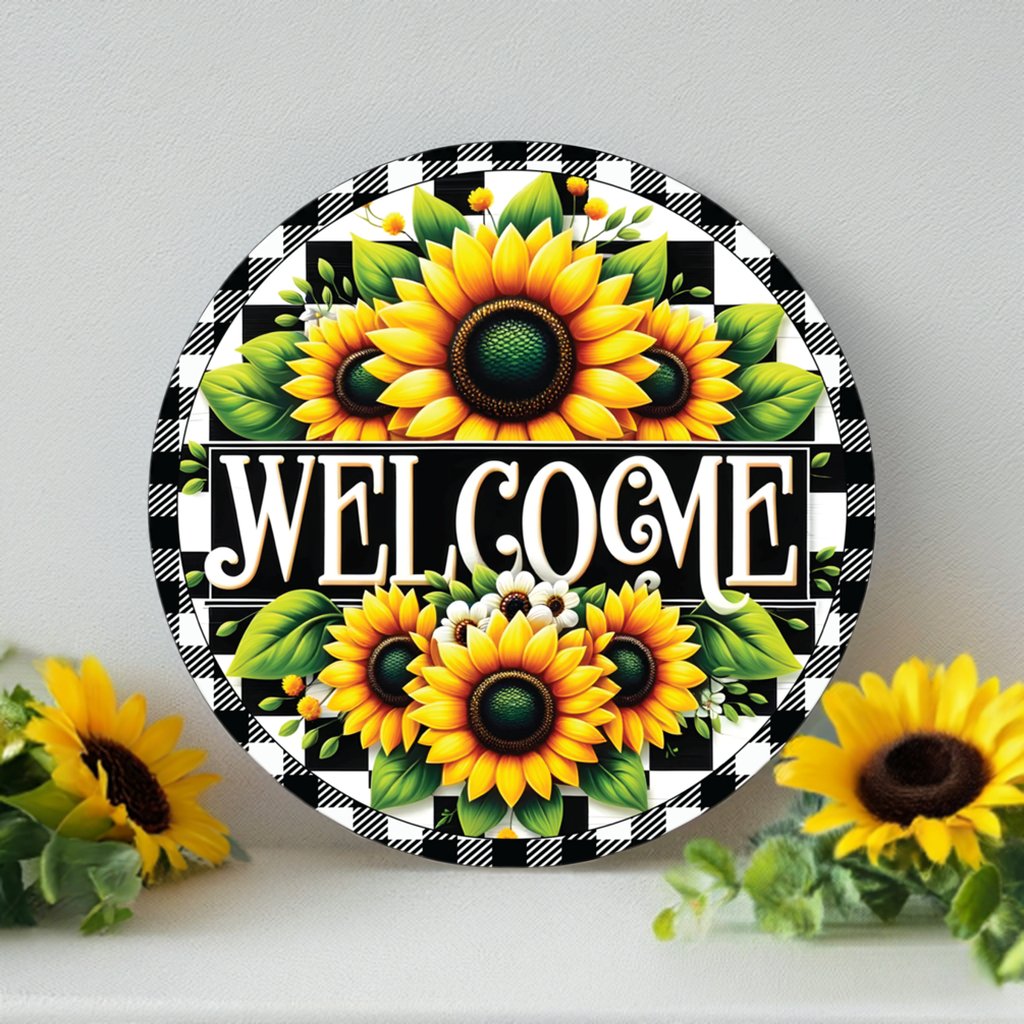 Shop For Welcome Black Check Sunflower Round Sign at Michelle's aDOORable Creations