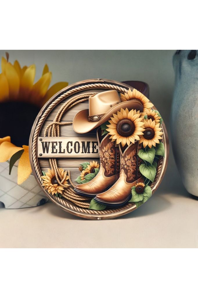 Welcome Cowboy Boots Sunflower Round Sign - Michelle's aDOORable Creations - Signature Signs