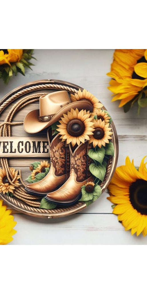 Welcome Cowboy Boots Sunflower Round Sign - Michelle's aDOORable Creations - Signature Signs