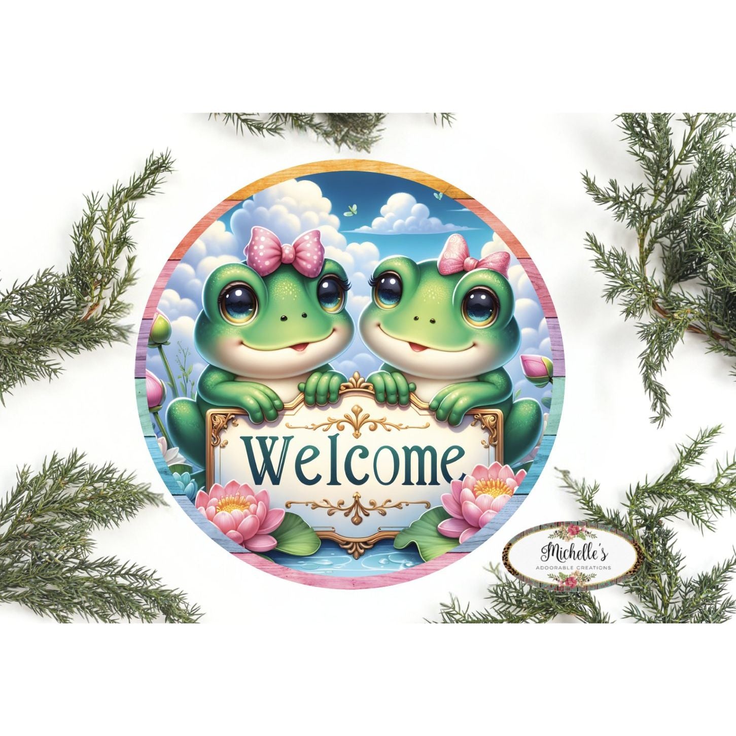Shop For Welcome Double Frog Round Sign at Michelle's aDOORable Creations