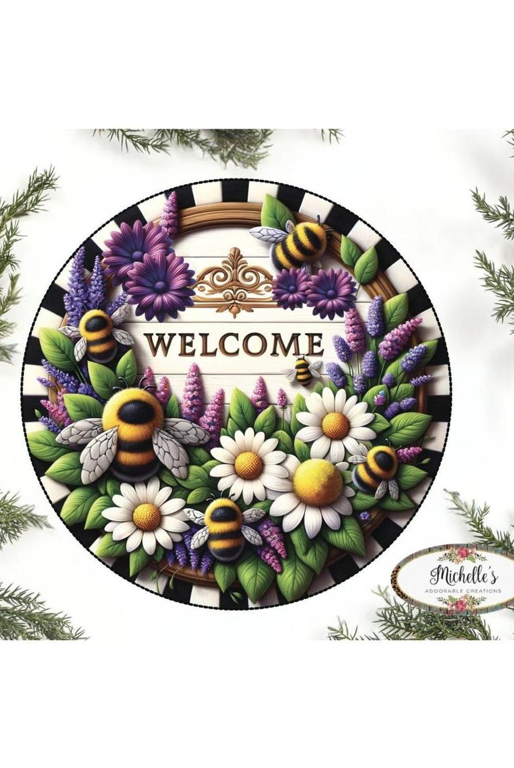 Welcome Floral Bumblebee Round Sign