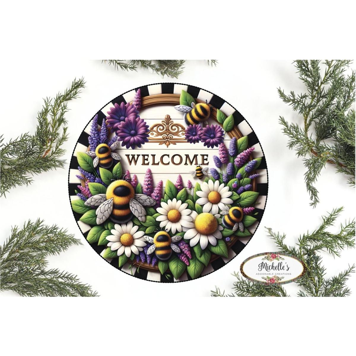 Shop For Welcome Floral Bumblebee Round Sign at Michelle's aDOORable Creations