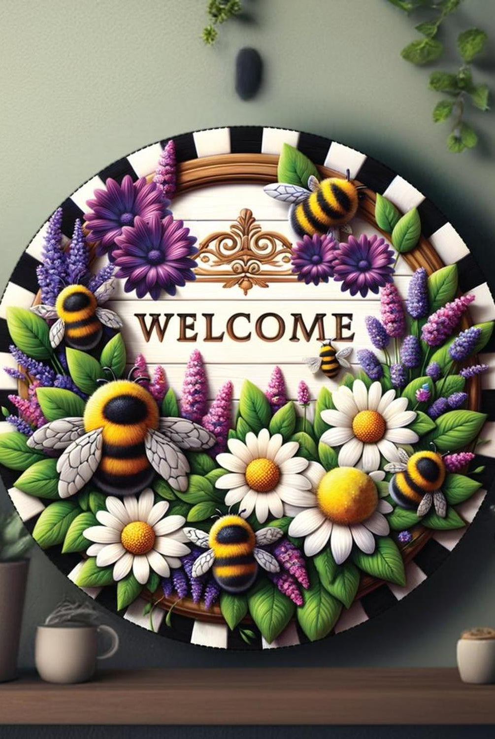 Welcome Floral Bumblebee Round Sign