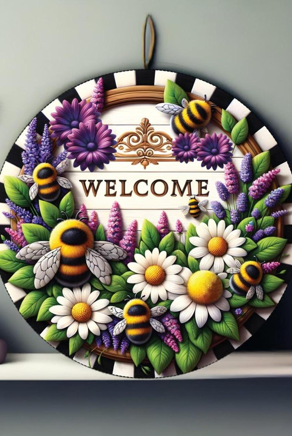Welcome Floral Bumblebee Round Sign