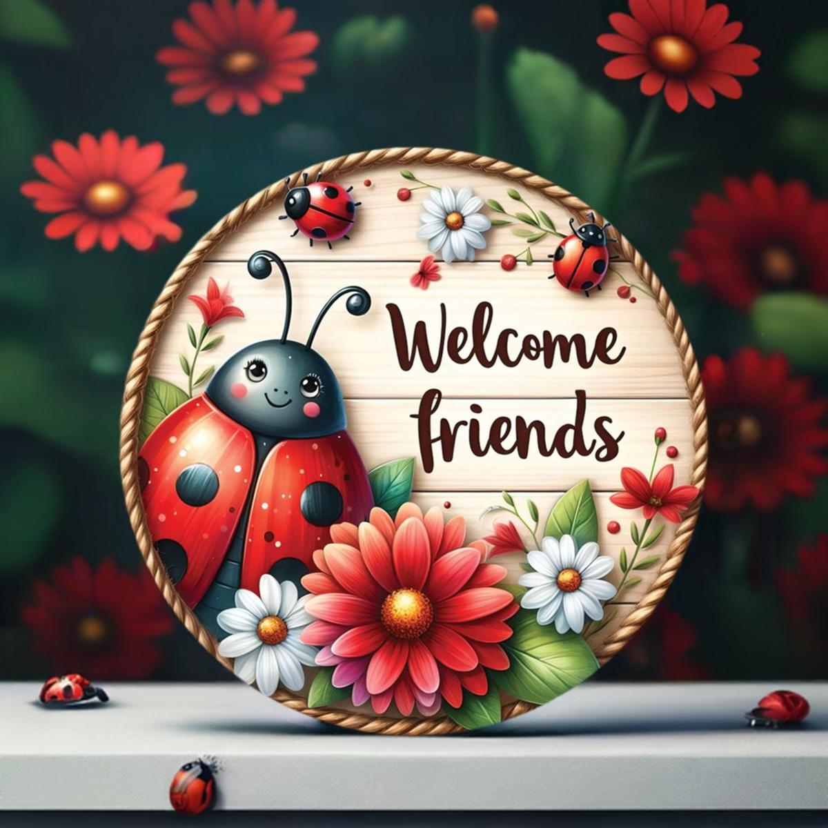 Shop For Welcome Friends Ladybug Round Sign at Michelle's aDOORable Creations