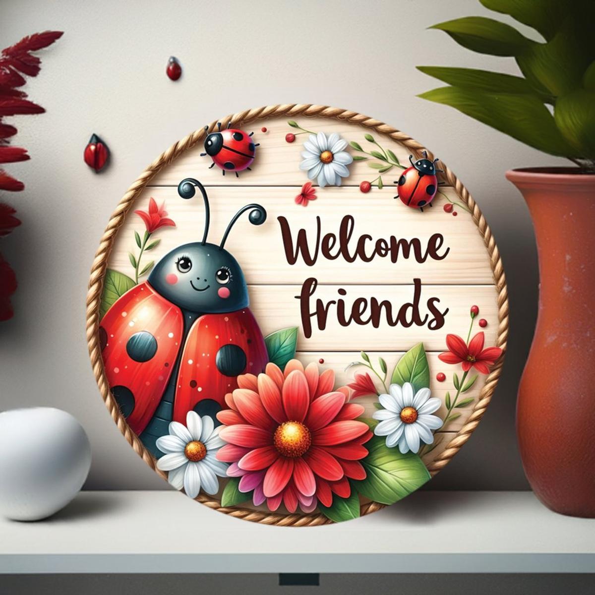 Shop For Welcome Friends Ladybug Round Sign at Michelle's aDOORable Creations