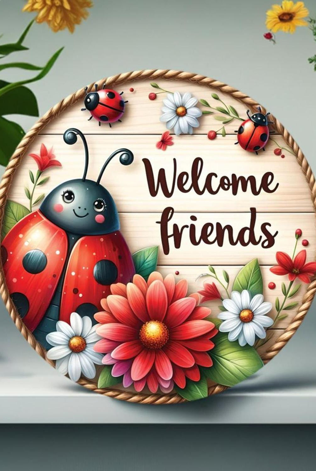 Welcome Friends Ladybug Round Sign