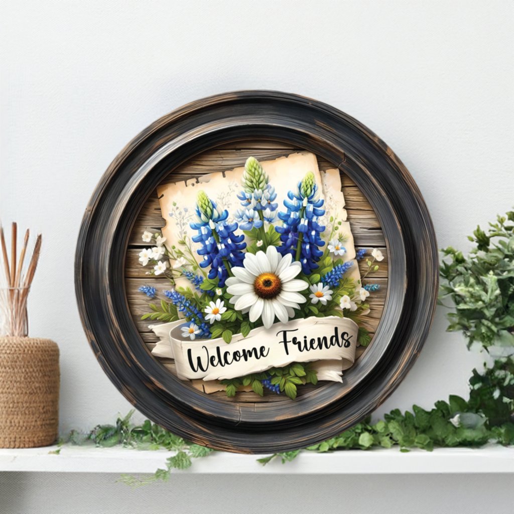 Shop For Welcome Friends Rustic Bluebonnet Round Sign at Michelle's aDOORable Creations