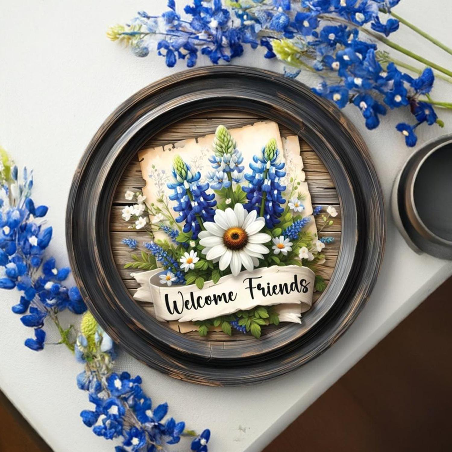 Shop For Welcome Friends Rustic Bluebonnet Round Sign at Michelle's aDOORable Creations