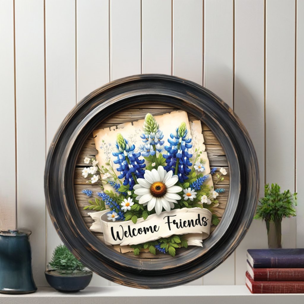 Shop For Welcome Friends Rustic Bluebonnet Round Sign at Michelle's aDOORable Creations