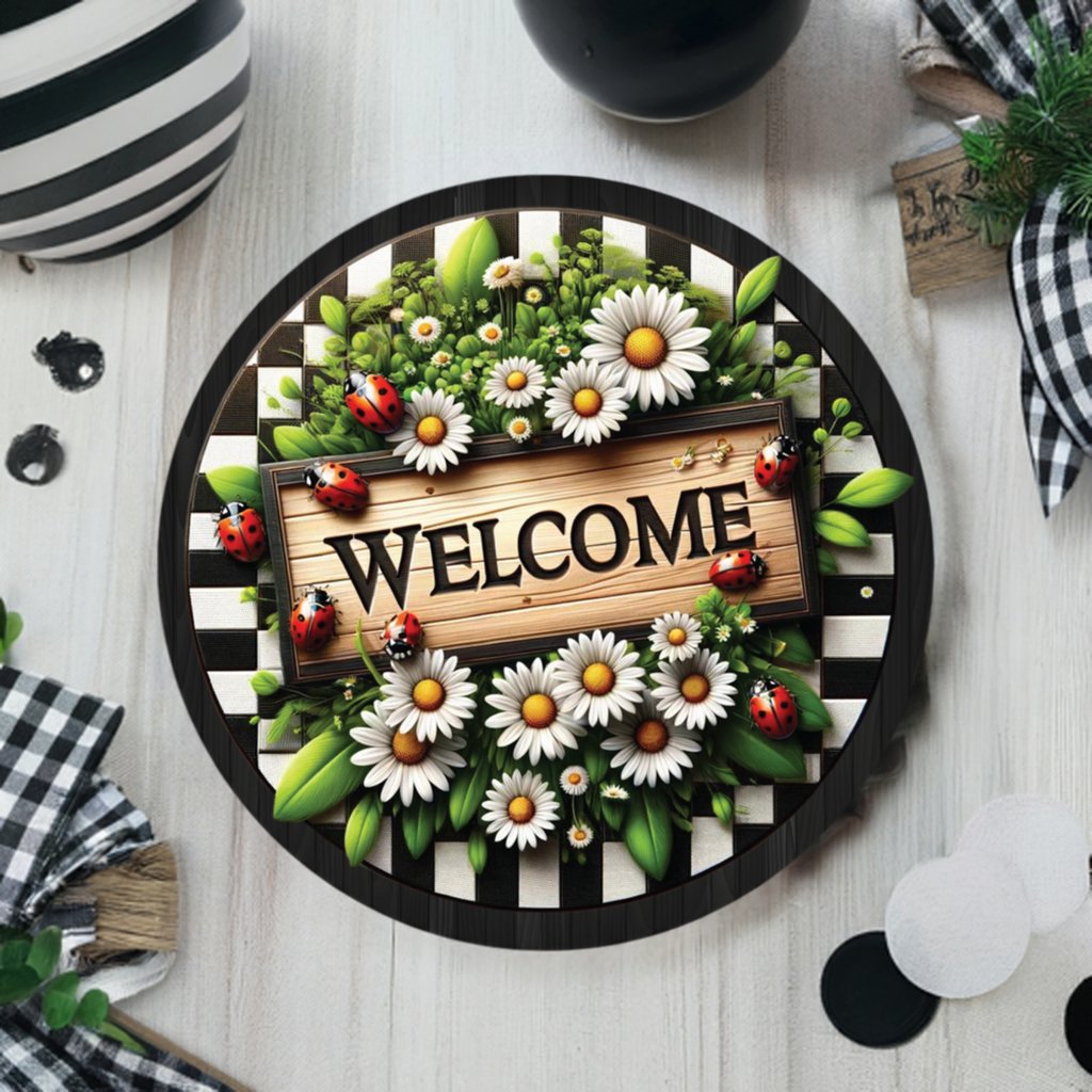 Shop For Welcome Ladybug Daisy Round Sign at Michelle's aDOORable Creations