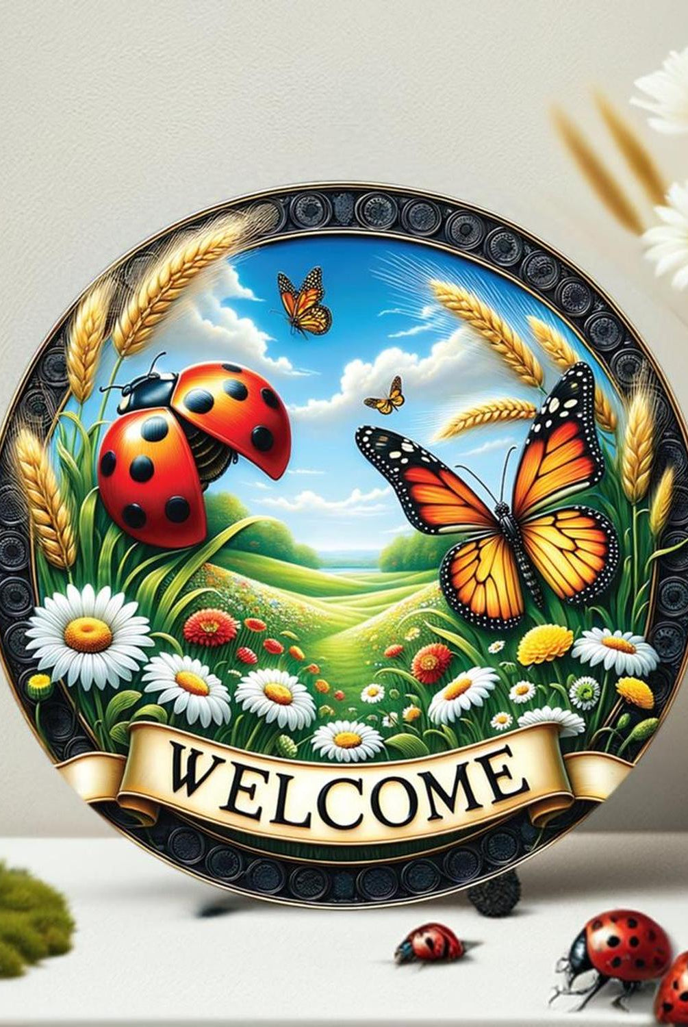 Welcome Ladybugs and Butterflies Round Sign