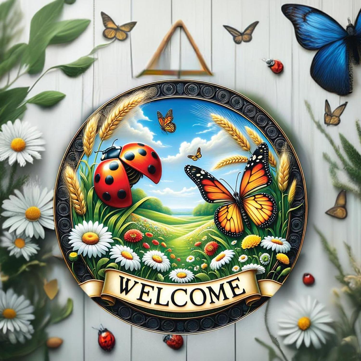 Shop For Welcome Ladybugs and Butterflies Round Sign at Michelle's aDOORable Creations