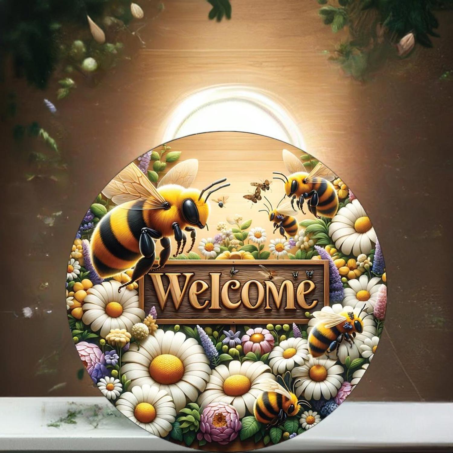 Shop For Welcome Large Bumblebee Daisy Round Sign at Michelle's aDOORable Creations