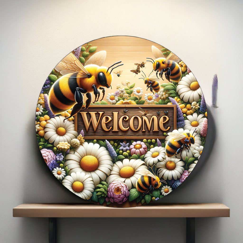 Shop For Welcome Large Bumblebee Daisy Round Sign at Michelle's aDOORable Creations