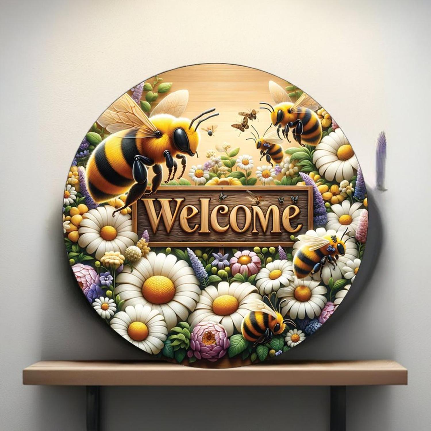 Shop For Welcome Large Bumblebee Daisy Round Sign at Michelle's aDOORable Creations