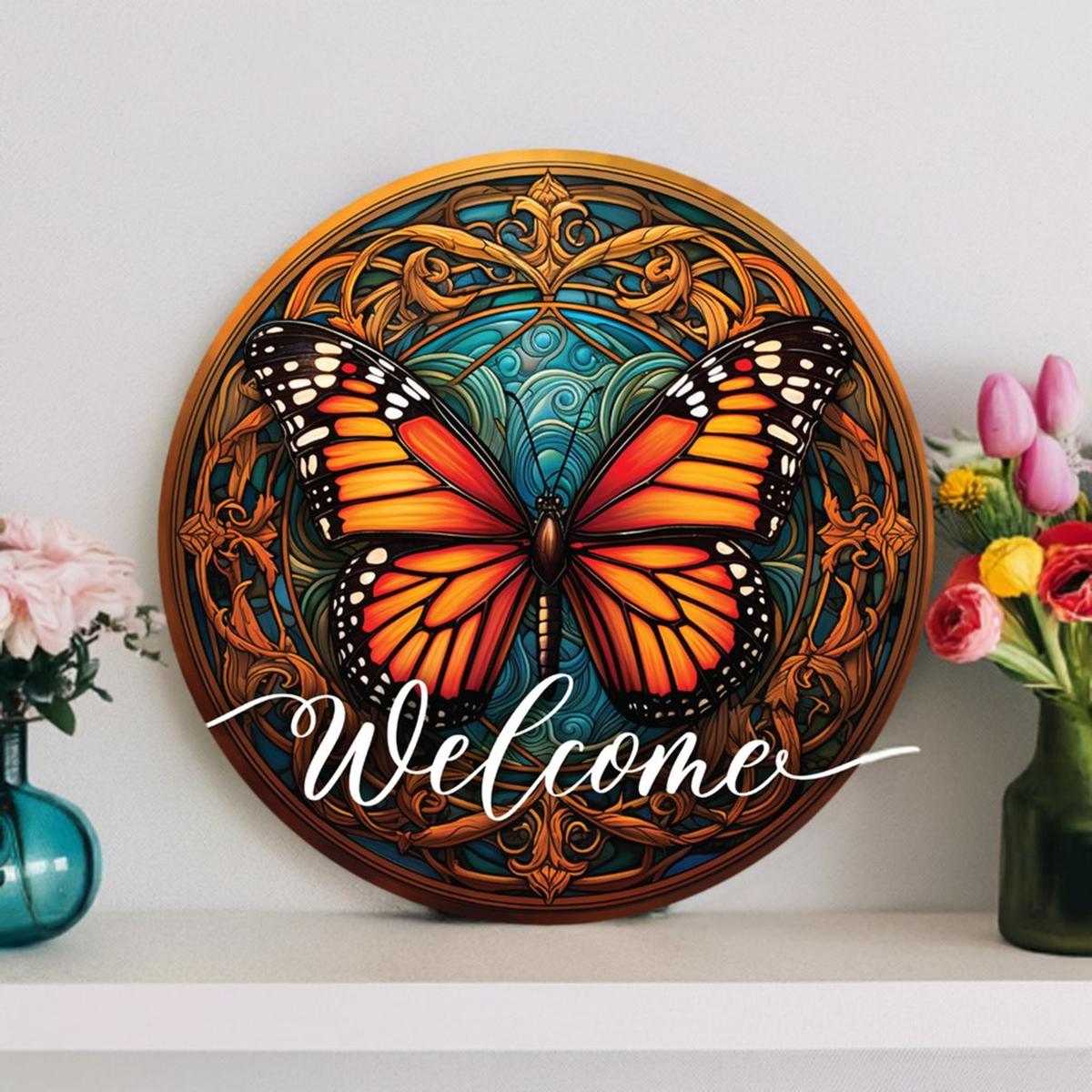 Shop For Welcome Monarch Orange Butterfly Round Sign at Michelle's aDOORable Creations
