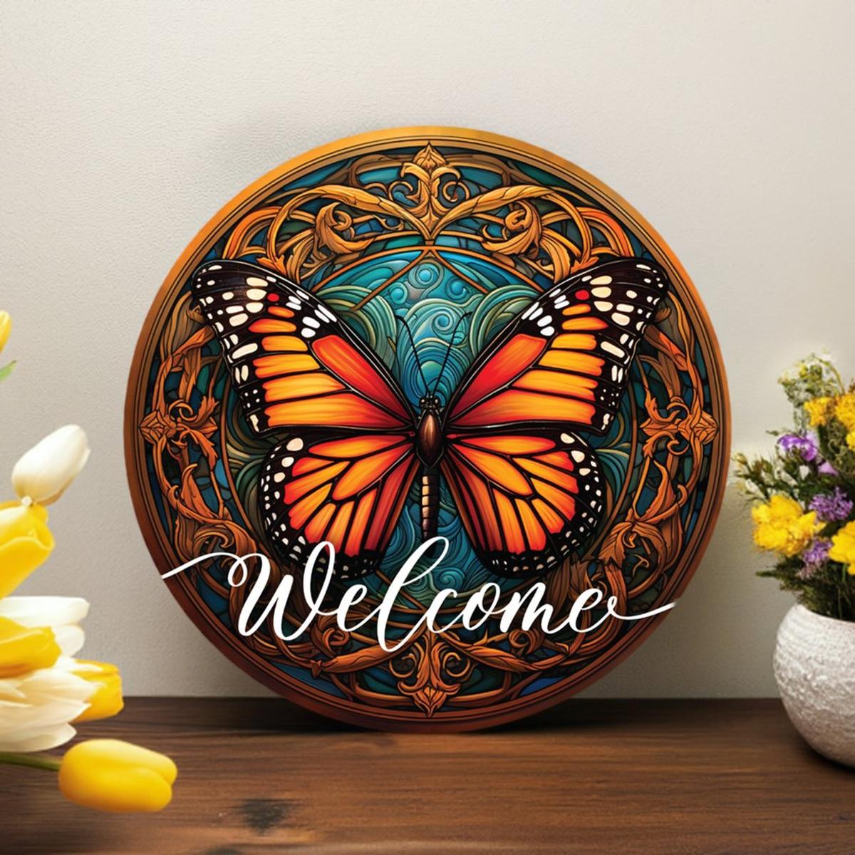 Shop For Welcome Monarch Orange Butterfly Round Sign at Michelle's aDOORable Creations