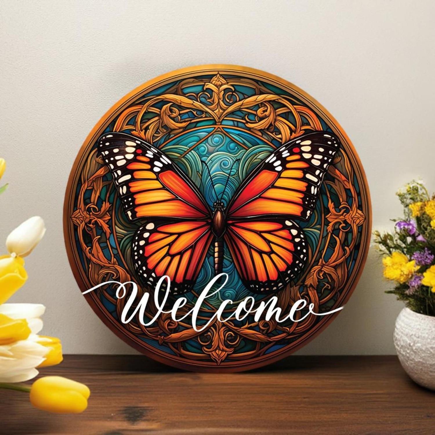Shop For Welcome Monarch Orange Butterfly Round Sign at Michelle's aDOORable Creations