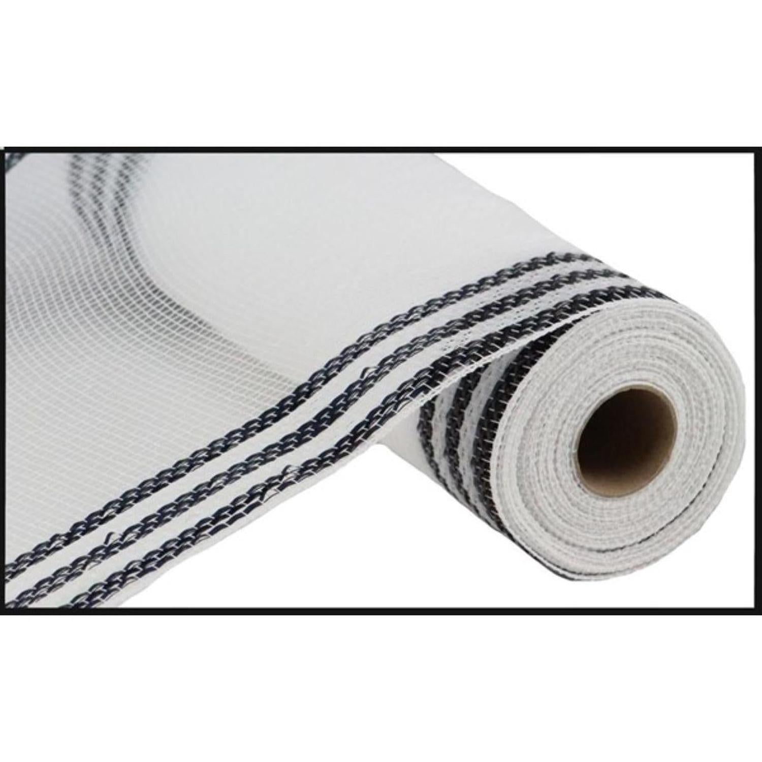 10" Border Stripe Metallic Mesh Ribbon: White/Black (10 Yards)