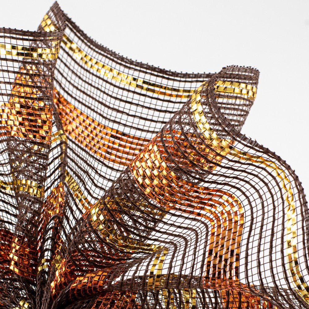 Shop For 10" Faux Jute Metallic Mesh Ribbon: Brown, Orange, & Gold (10 Yards) at Michelle's aDOORable Creations