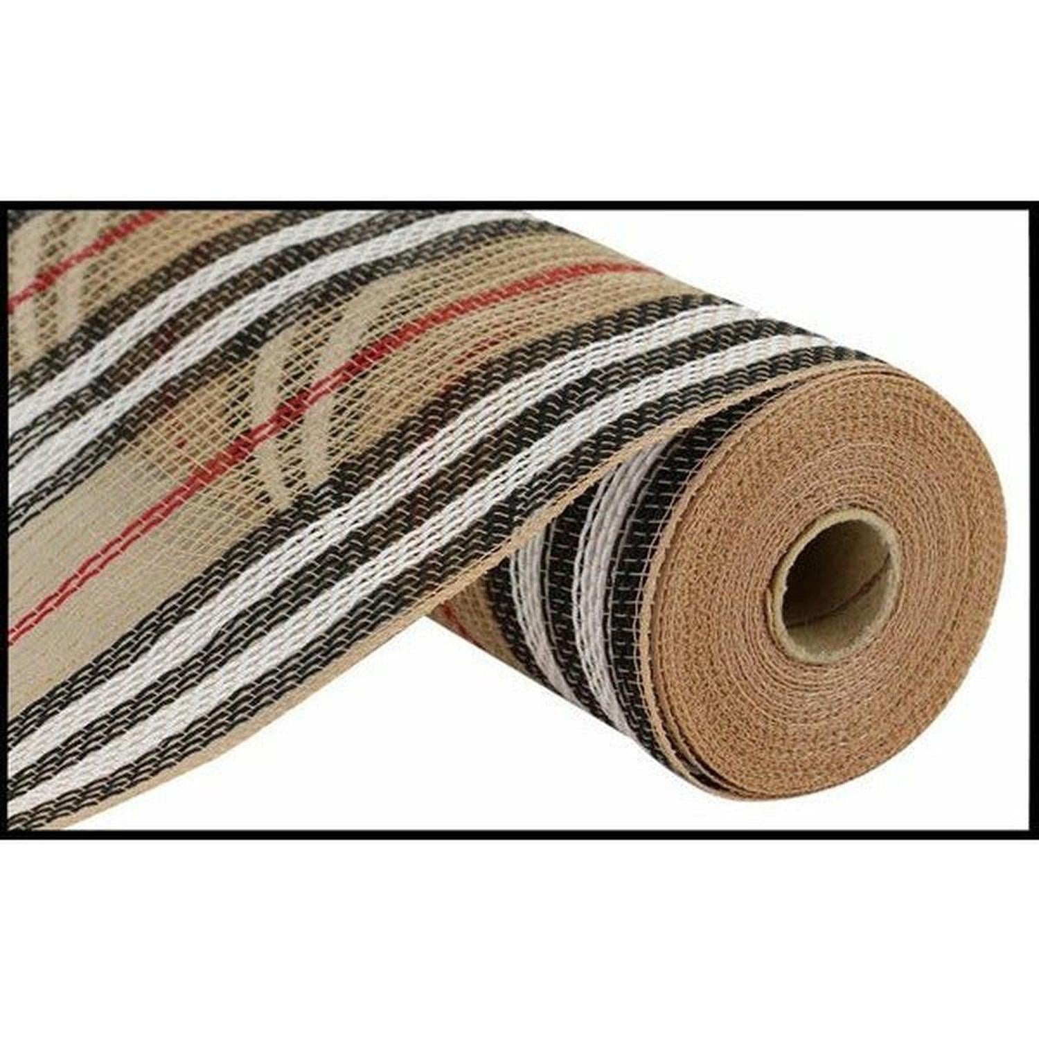 10.25" Jute Stripe Mesh Ribbon: Natural/Black/White (10 Yards)