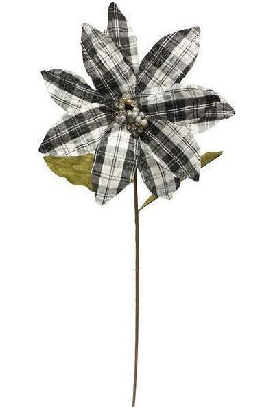 11" Plaid Fabric Poinsettia Stem: Black & White - Michelle's aDOORable Creations - Poinsettia