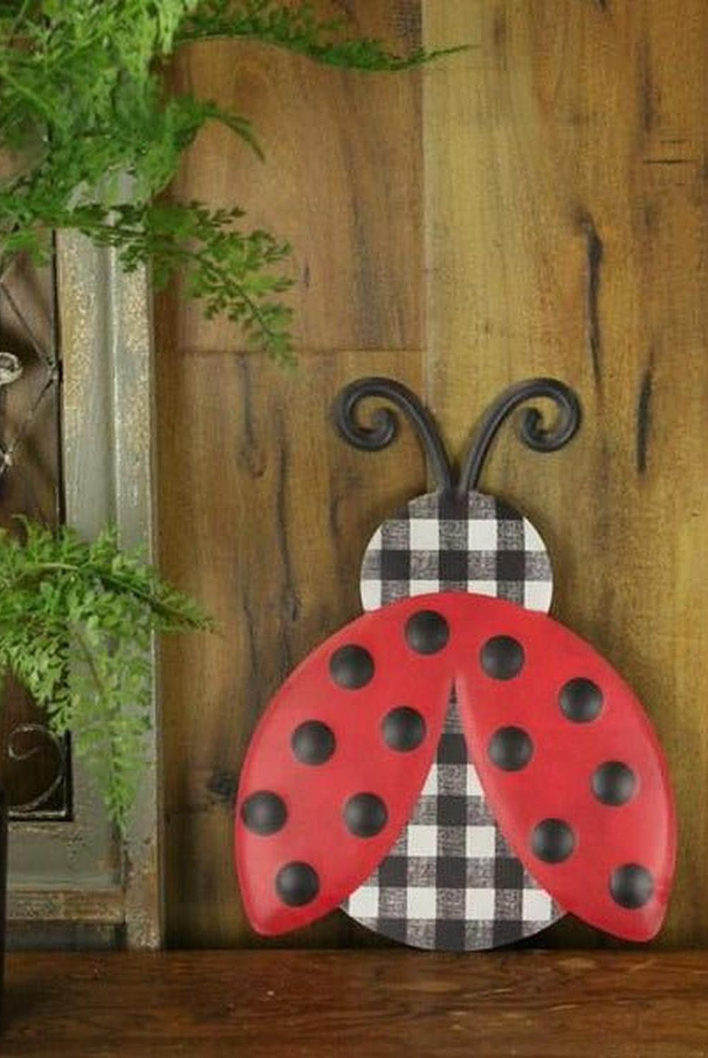 12" Metal Embossed Ladybug Hanger: Plaid Check