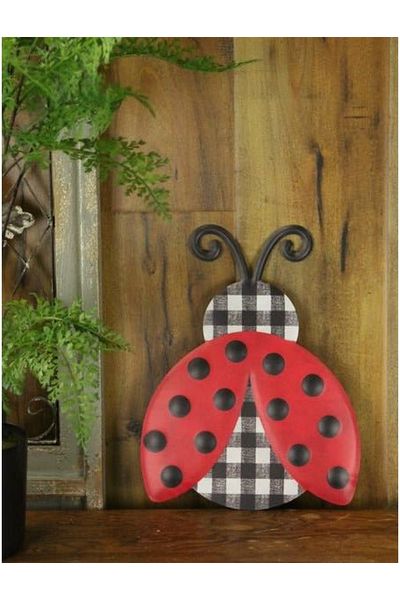 12" Metal Embossed Ladybug Hanger: Plaid Check - Michelle's aDOORable Creations - Wooden/Metal Signs