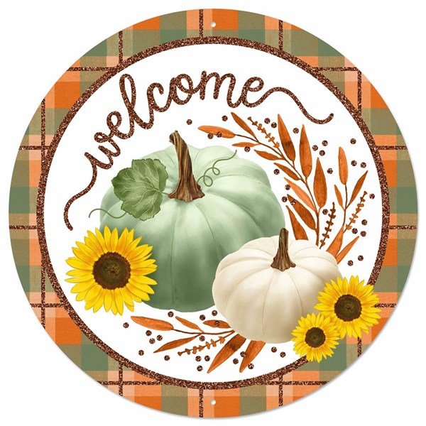 Shop For 12" Metal Sign: Glitter Welcome Pumpkins Sage at Michelle's aDOORable Creations