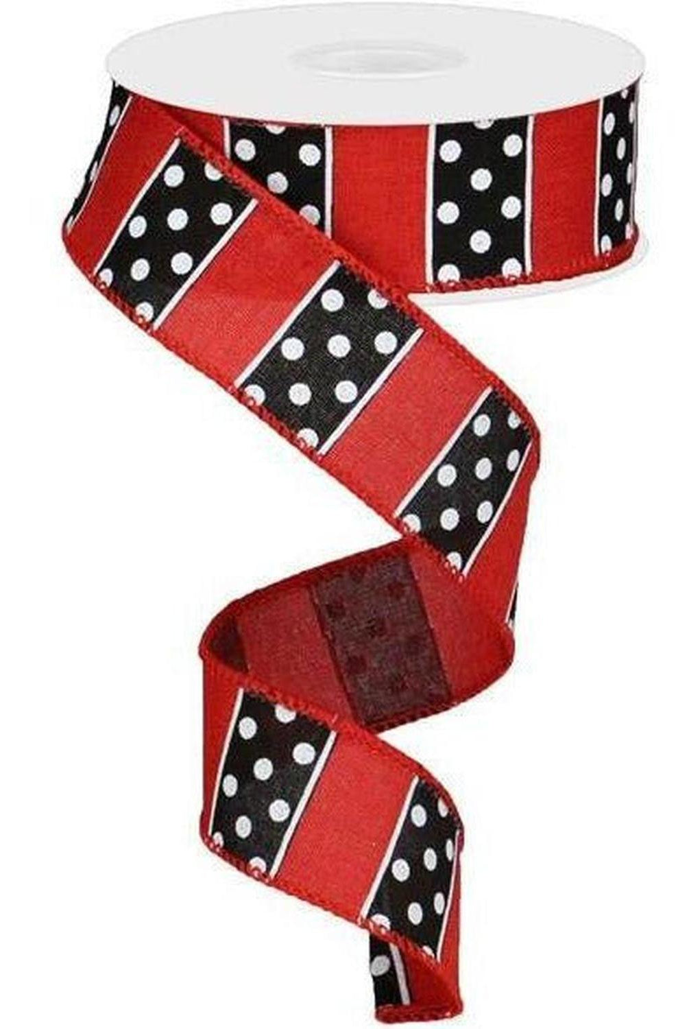 1.5" B & W Polka Dot Stripes Ribbon: Red (10 Yards)