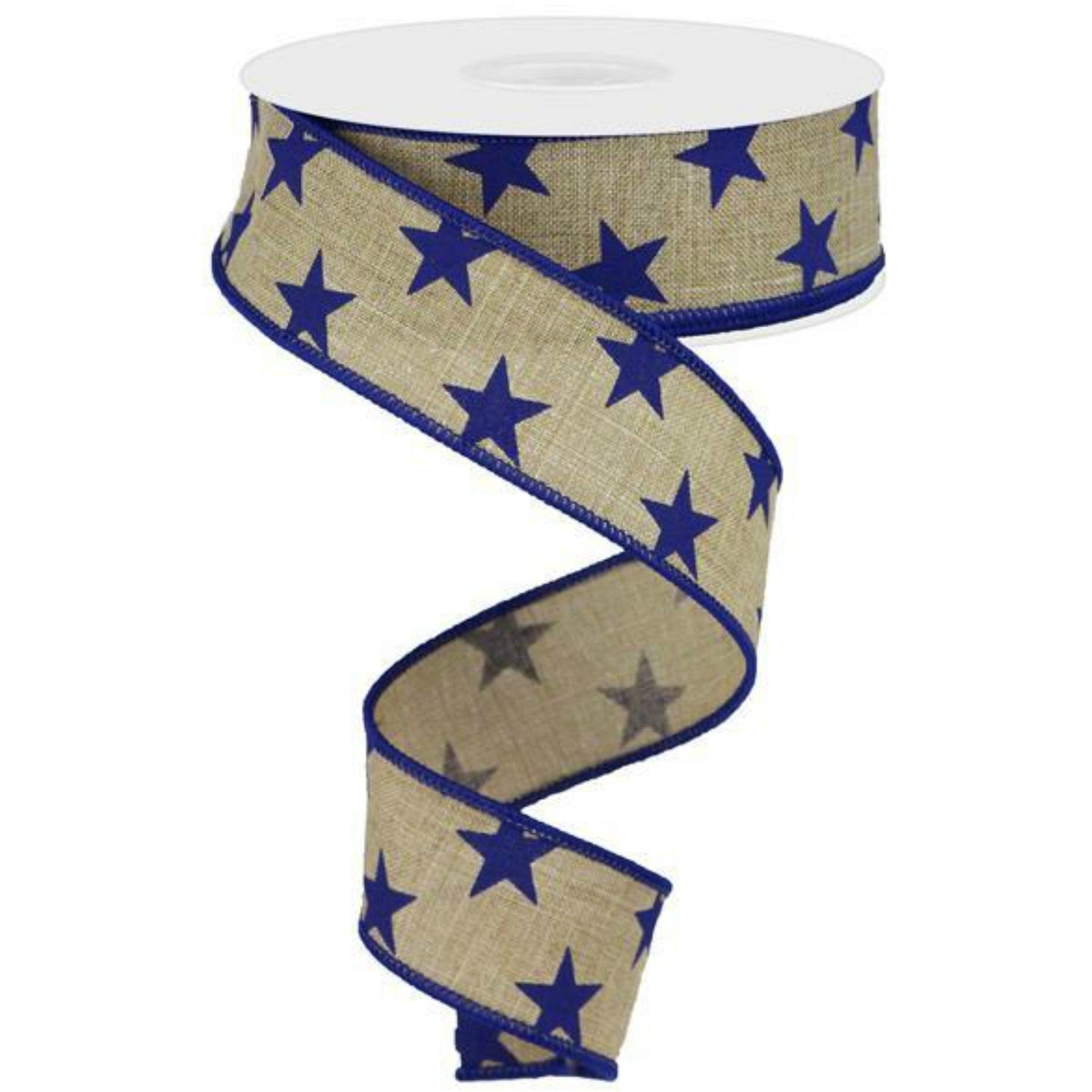 Shop For 1.5" Beige Royal Canvas Ribbon: Blue Stars (10 Yards) at Michelle's aDOORable Creations