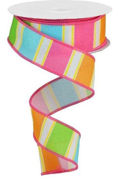 1.5" Bold Stripes on Royal Ribbon: Pink, Orange, Yellow (10 Yards) - Michelle's aDOORable Creations - Wired Edge Ribbon