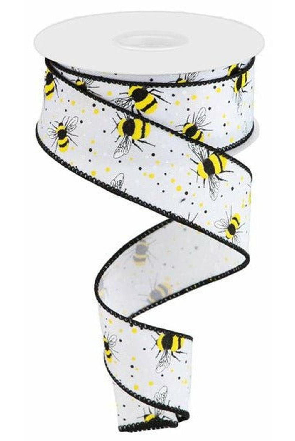 Shop For 1.5" Bumble Bee On Diagonal Weave Ribbon: White (10 Yards) at Michelle's aDOORable Creations