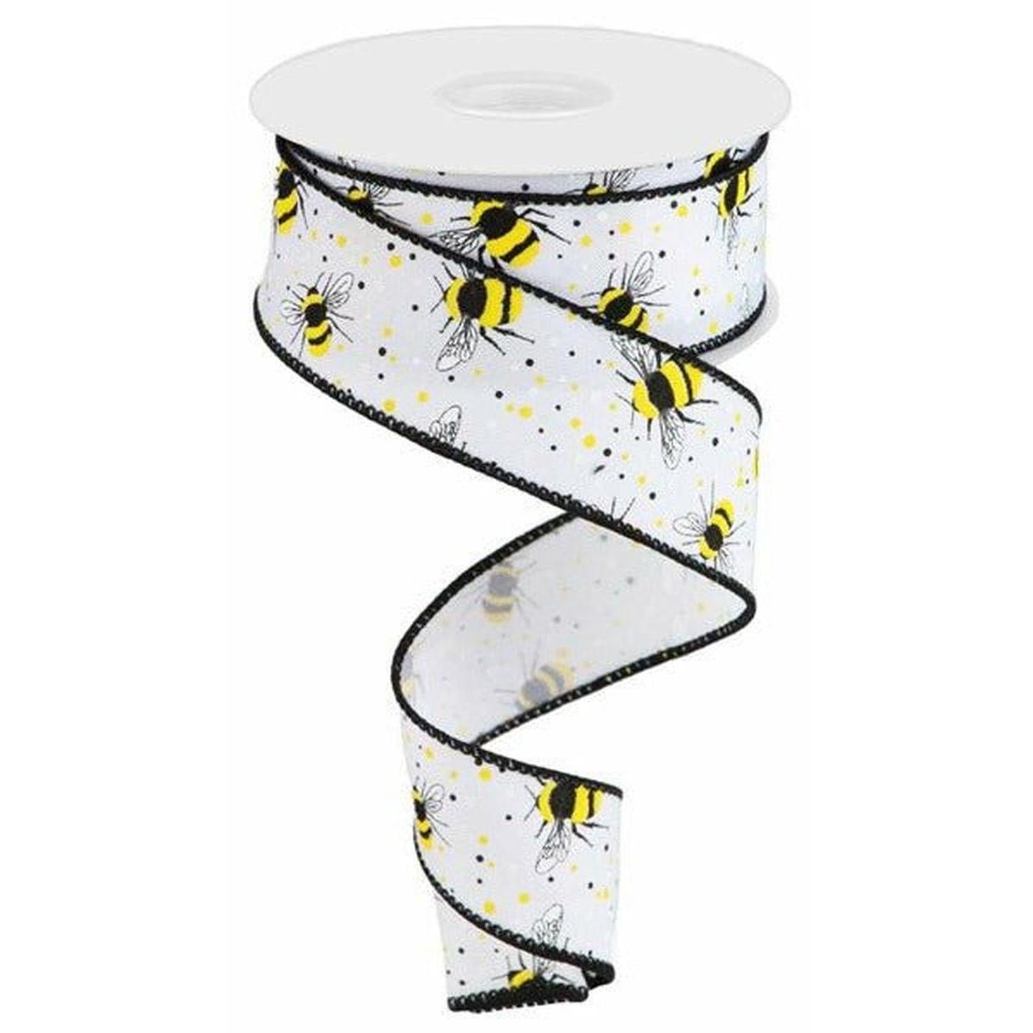 Shop For 1.5" Bumble Bee On Diagonal Weave Ribbon: White (10 Yards) at Michelle's aDOORable Creations