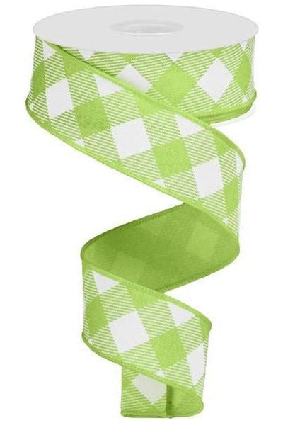 1.5" Diagonal Check On Royal Ribbon: Bright Green & White (10 Yards) - Michelle's aDOORable Creations - Wired Edge Ribbon
