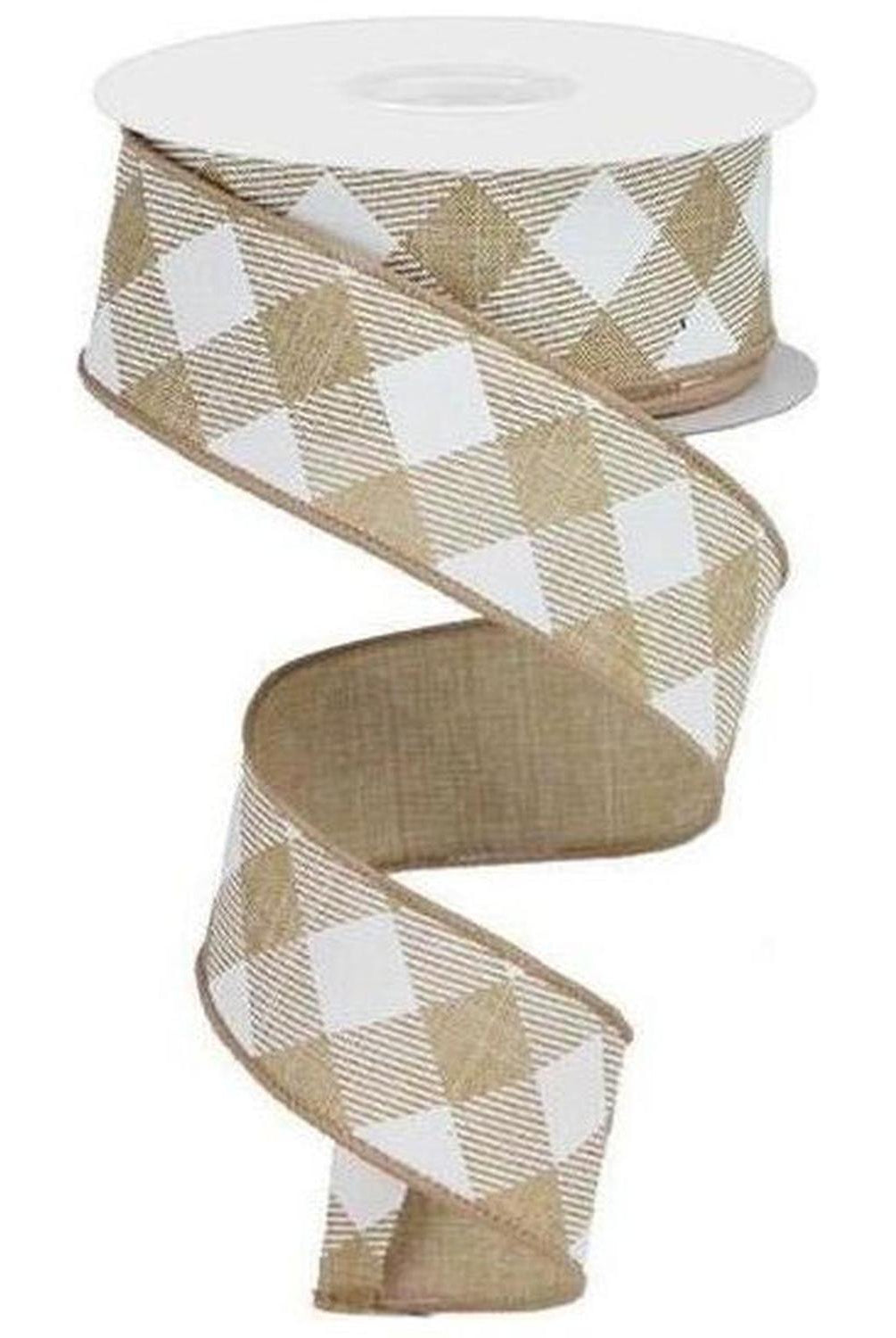 Shop For 1.5" Diagonal Check On Royal Ribbon: Tan & White (10 Yards) at Michelle's aDOORable Creations
