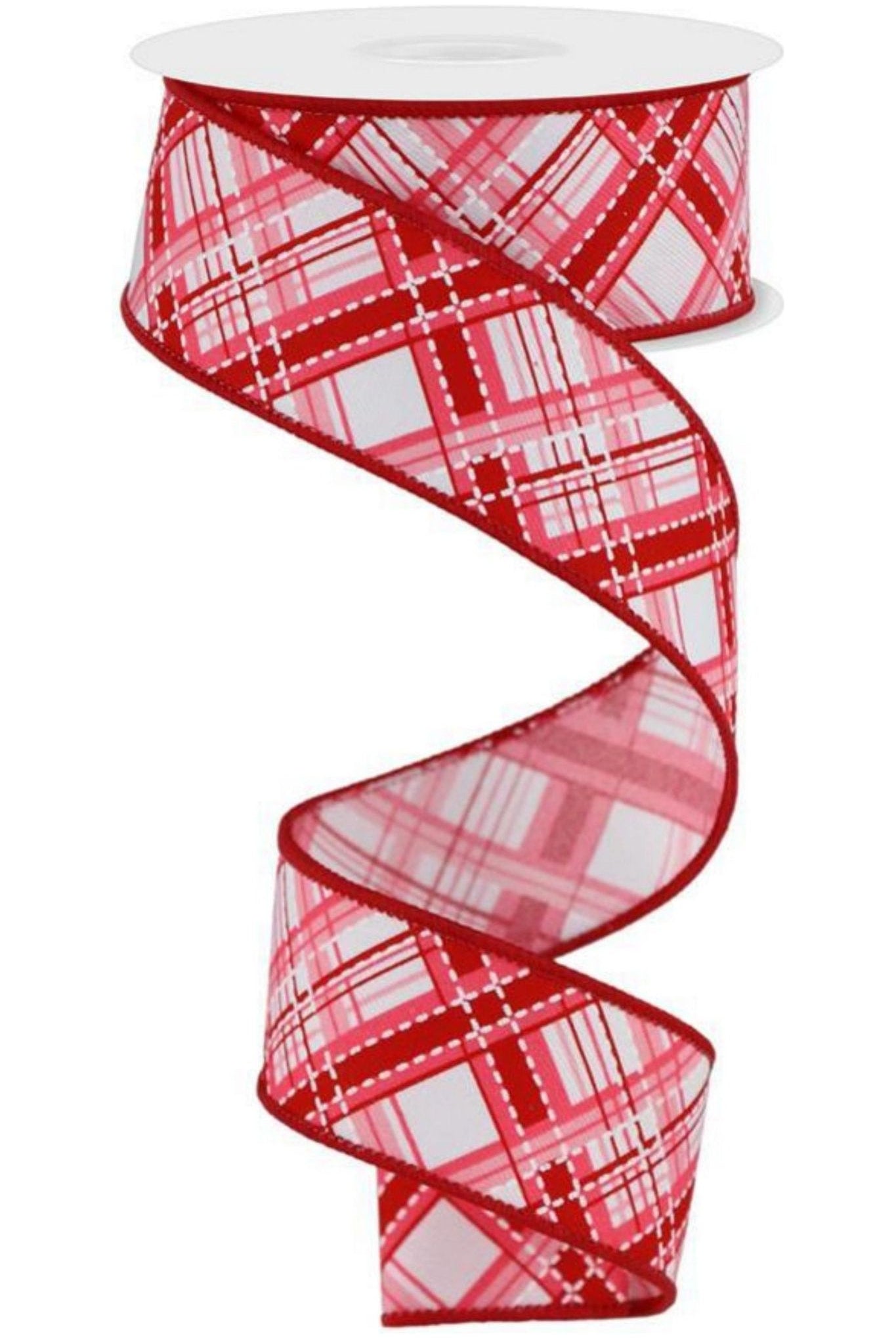 1.5" Diagonal Dash Plaid: Pink/Red (10 Yard) - Michelle's aDOORable Creations - Wired Edge Ribbon