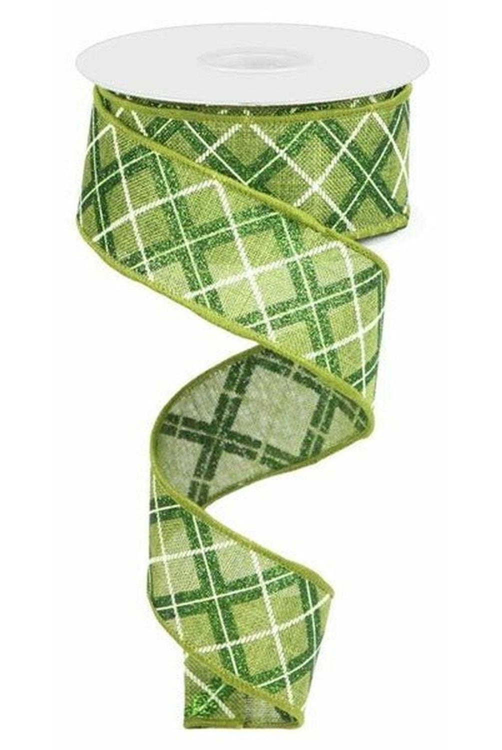 Shop For 1.5" Diagonal Glitter Check Ribbon: Moss Green (10 Yards) at Michelle's aDOORable Creations