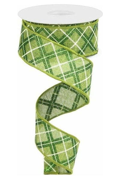 1.5" Diagonal Glitter Check Ribbon: Moss Green (10 Yards) - Michelle's aDOORable Creations - Wired Edge Ribbon