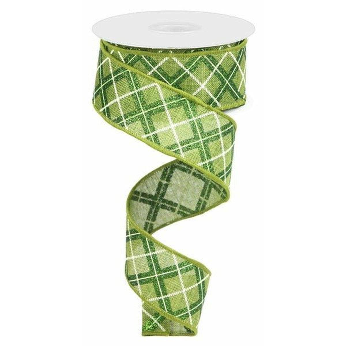Shop For 1.5" Diagonal Glitter Check Ribbon: Moss Green (10 Yards) at Michelle's aDOORable Creations