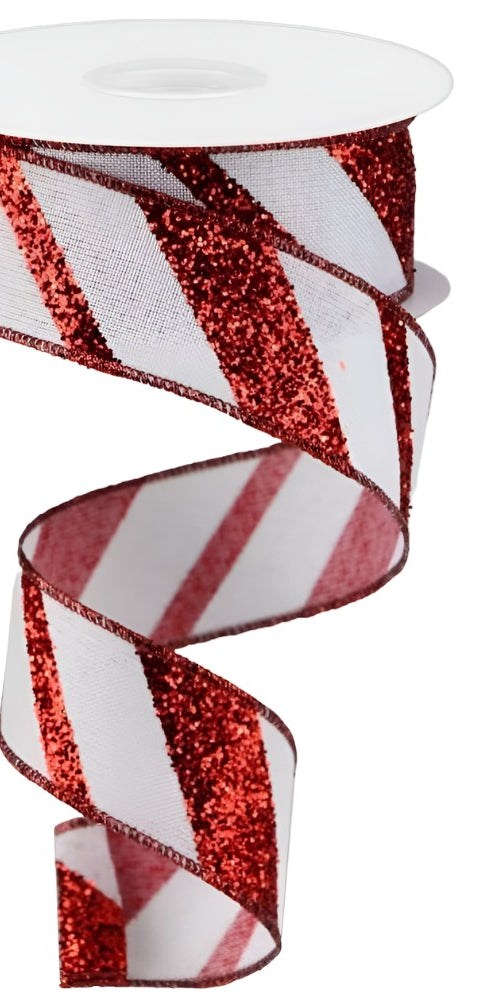 1.5" Diagonal Glitter on Royal Ribbon: Red (10 Yards) - Michelle's aDOORable Creations - Wired Edge Ribbon
