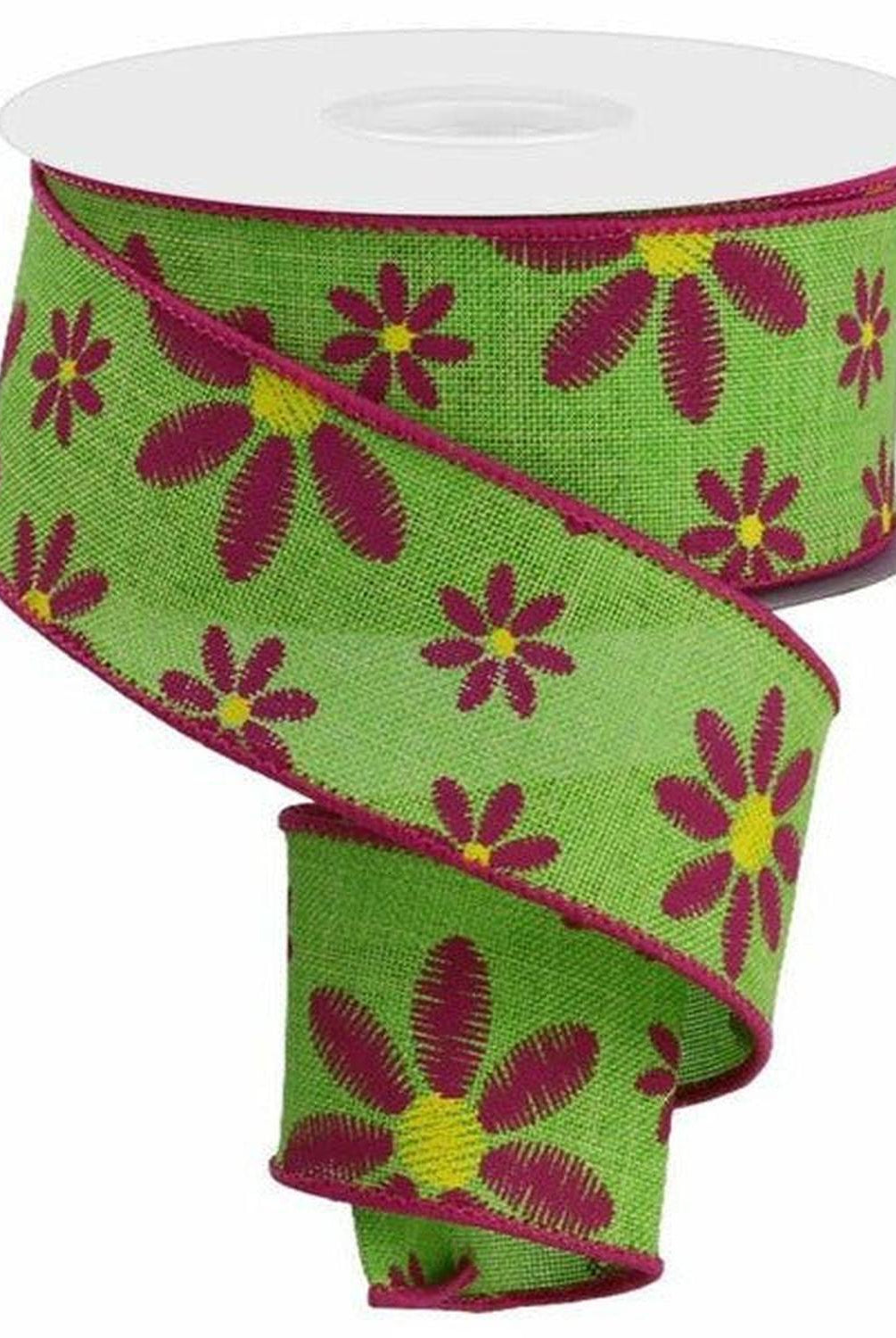 1.5" Embroidered Daisy Ribbon: Lime Green (10 Yards)