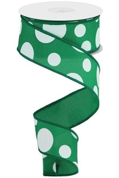 1.5" Giant Three Size Polka Dot Ribbon: Emerald Green & White (10 Yards) - Michelle's aDOORable Creations - Wired Edge Ribbon