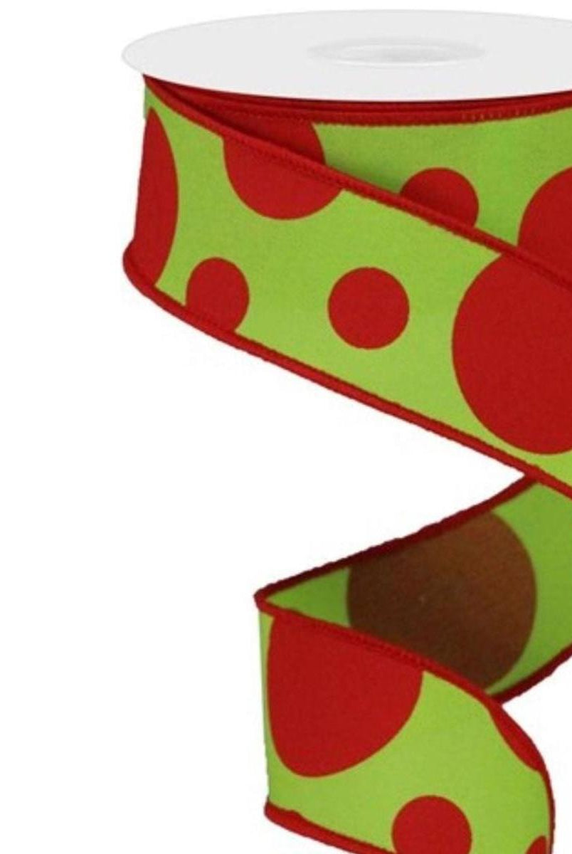 Shop For 1.5" Giant Three Size Polka Dot Ribbon: Lime Green & Red (10 Yards) at Michelle's aDOORable Creations