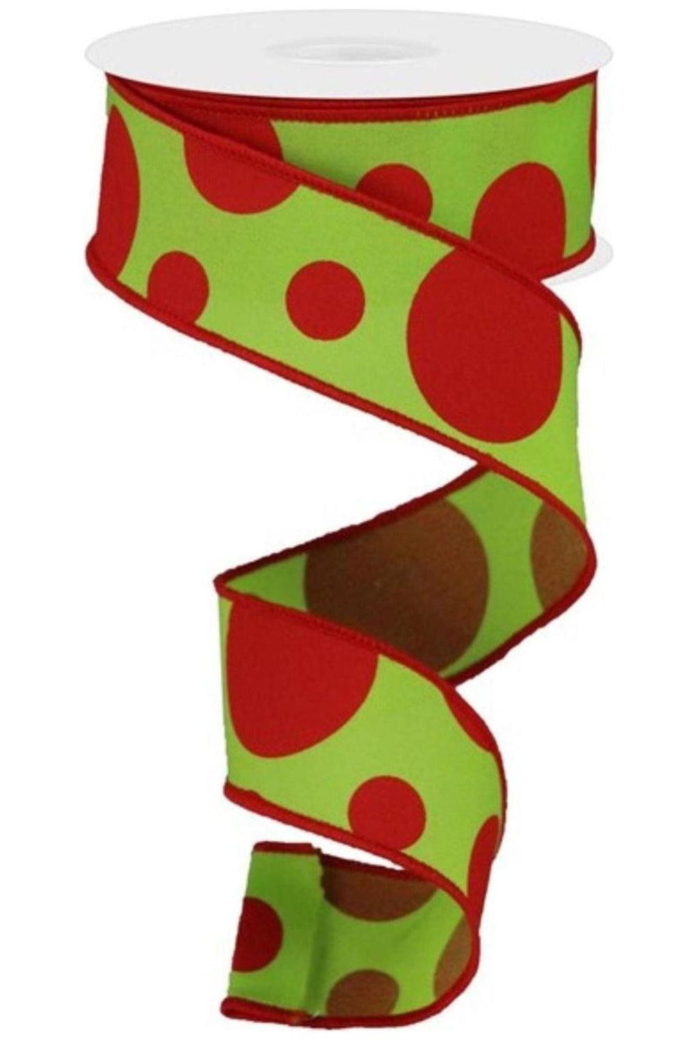 Shop For 1.5" Giant Three Size Polka Dot Ribbon: Lime Green & Red (10 Yards) at Michelle's aDOORable Creations