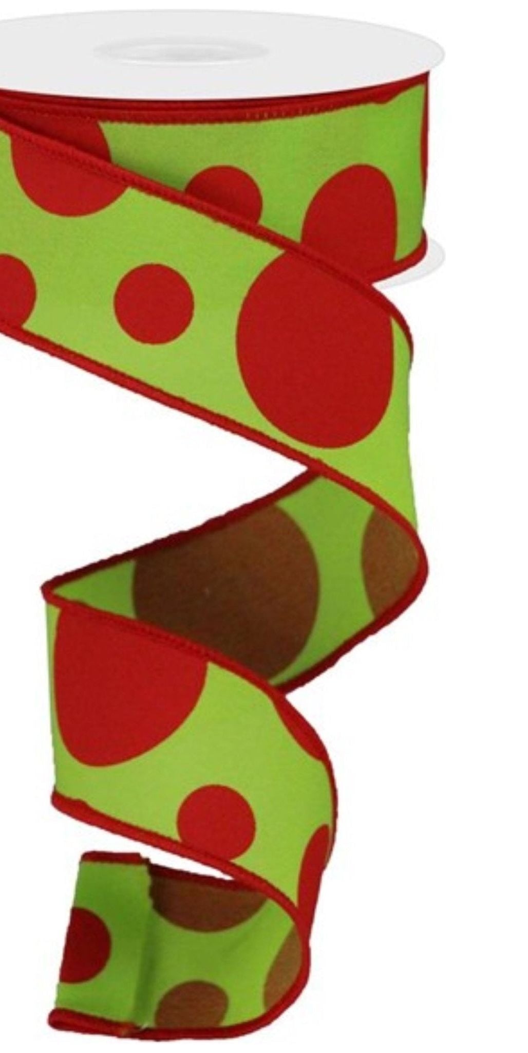 1.5" Giant Three Size Polka Dot Ribbon: Lime Green & Red (10 Yards) - Michelle's aDOORable Creations - Wired Edge Ribbon