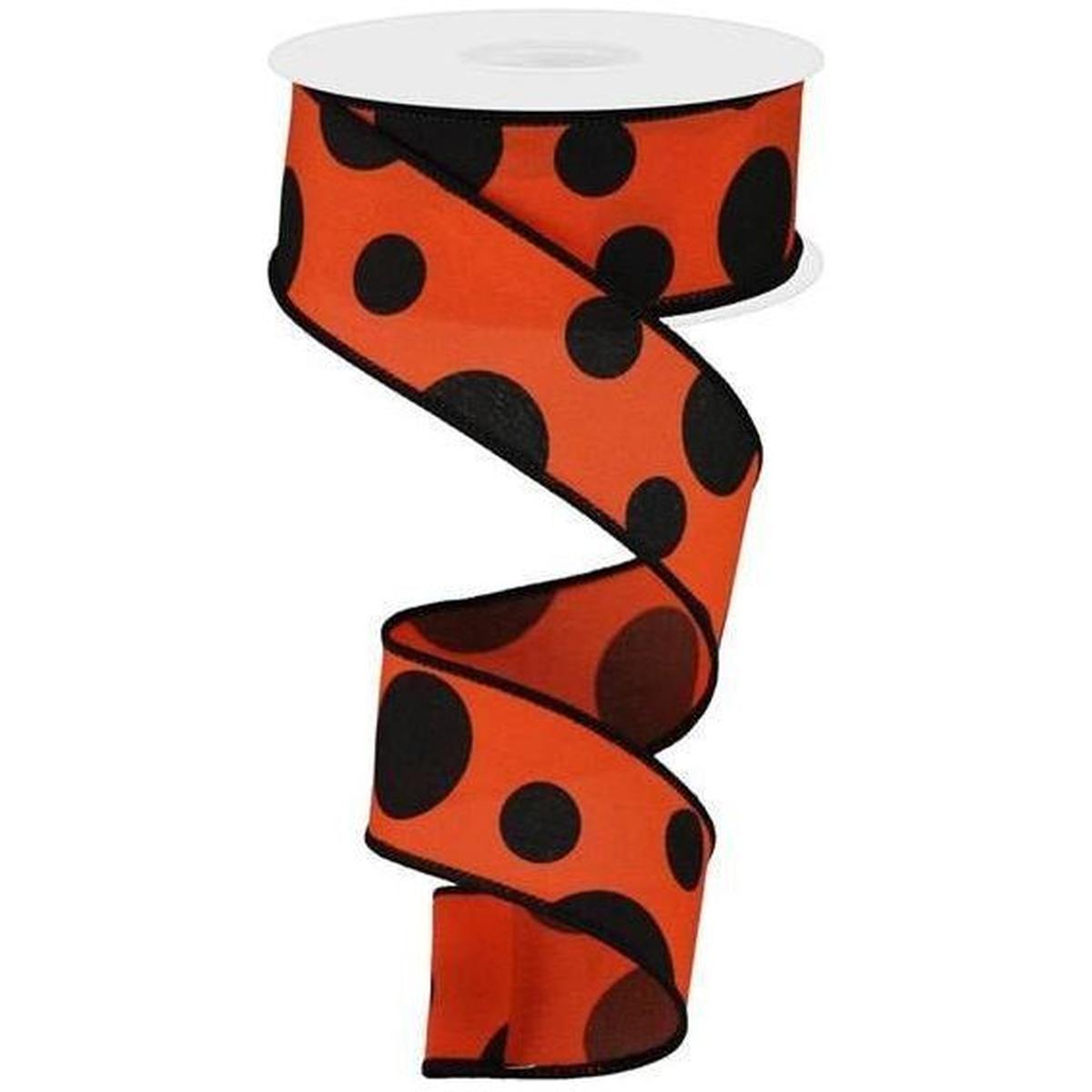 Shop For 1.5" Giant Three Size Polka Dot Ribbon: Orange & Black (10 Yards) at Michelle's aDOORable Creations